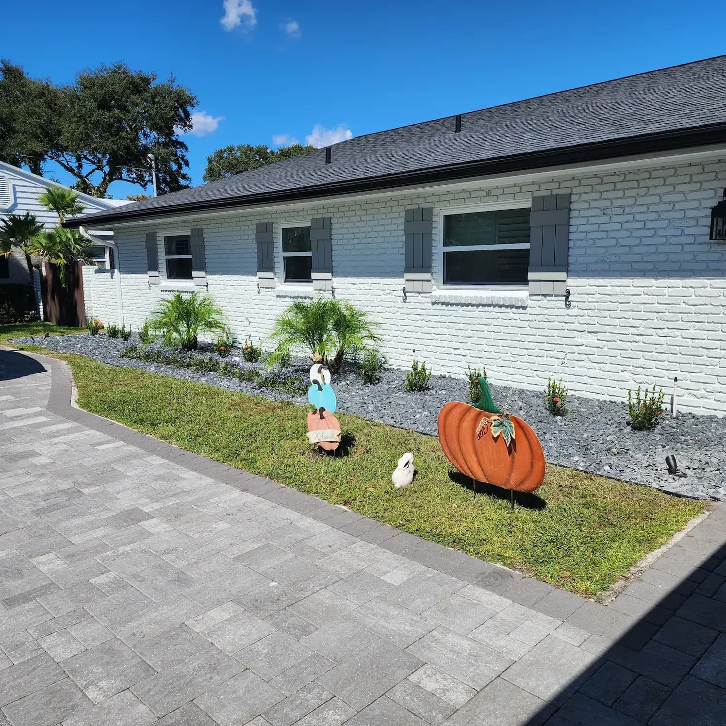 Gray paver driveway and walkway beside a white brick home with slate rock beds, palms and a strip of lawn