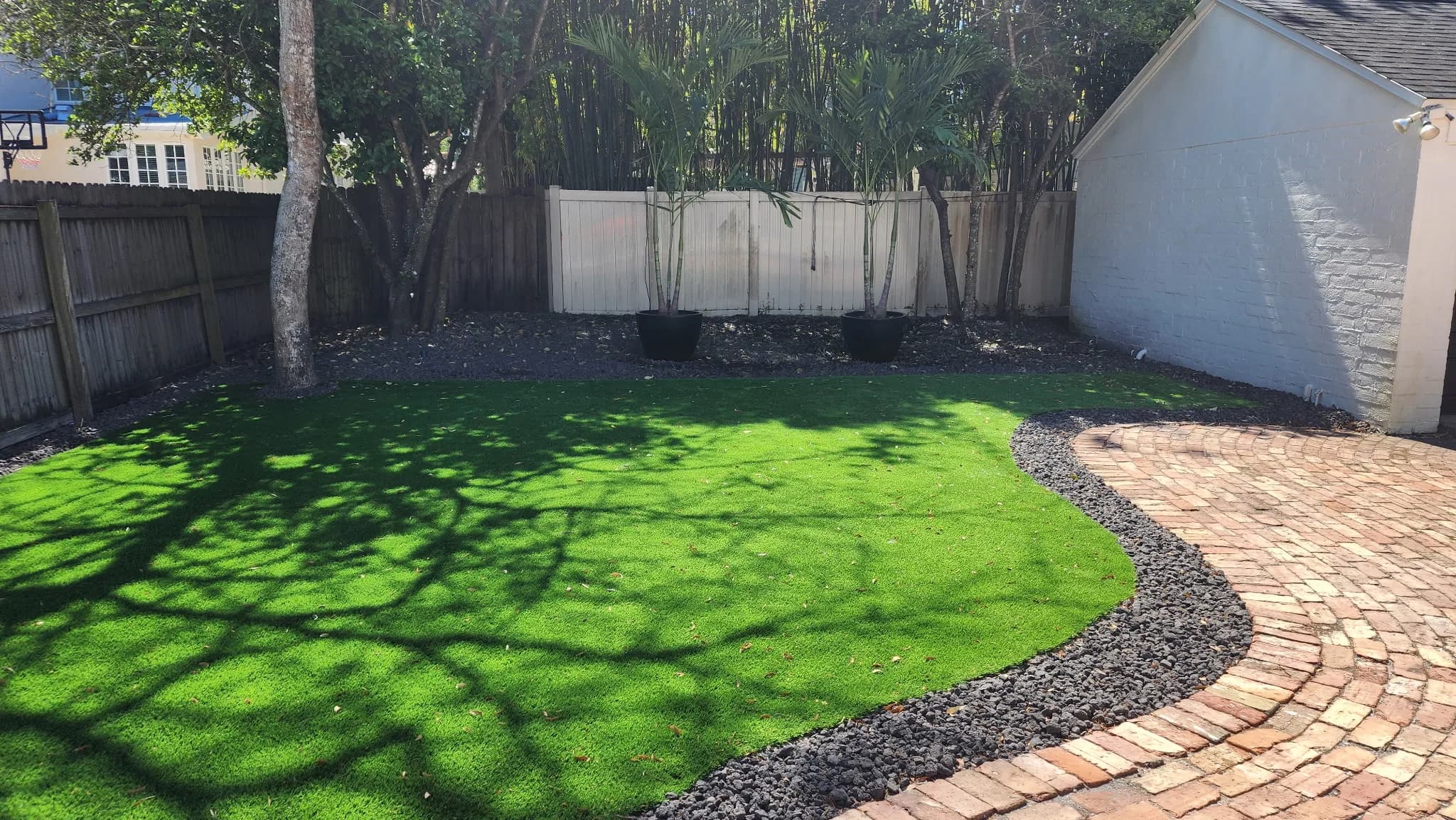 Lush artificial turf installation in backyard